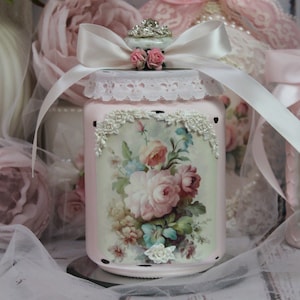 Shabby Chic Vintage Medium Glass Jar French Rococo Style Roses Jar w/Lid Decorative Storage Jar French Label/Vintage Lace/Faux Pearls Pink