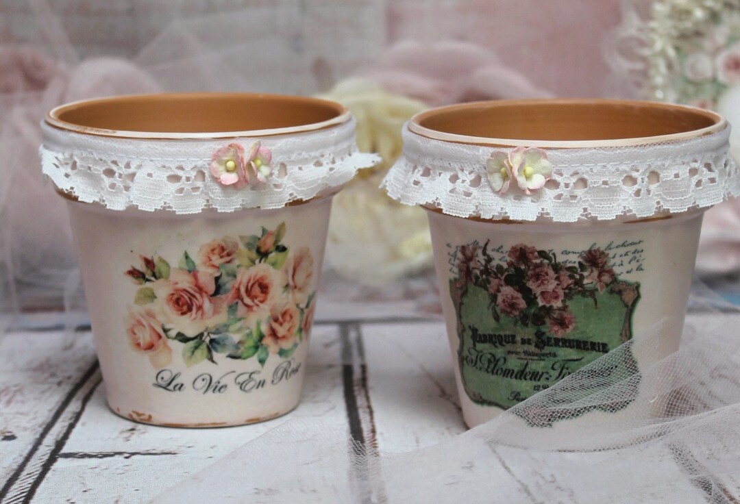 Shabby Chic Ceramic Flower Pots: French Paris Label, Vintage Lace (set ...