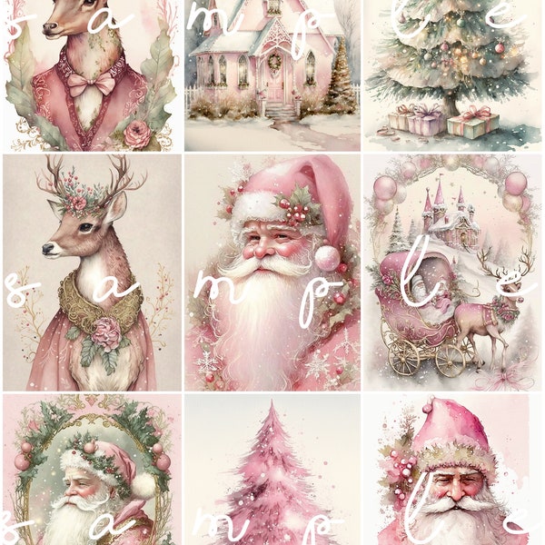 Shabby Chic Vintage Christmas Pink Victorian Santa 9 - 2 1/4" x 3" (approx.) Images Printed on 1 - 8 1/2" x 11" Quilting Fabric Block fb 224