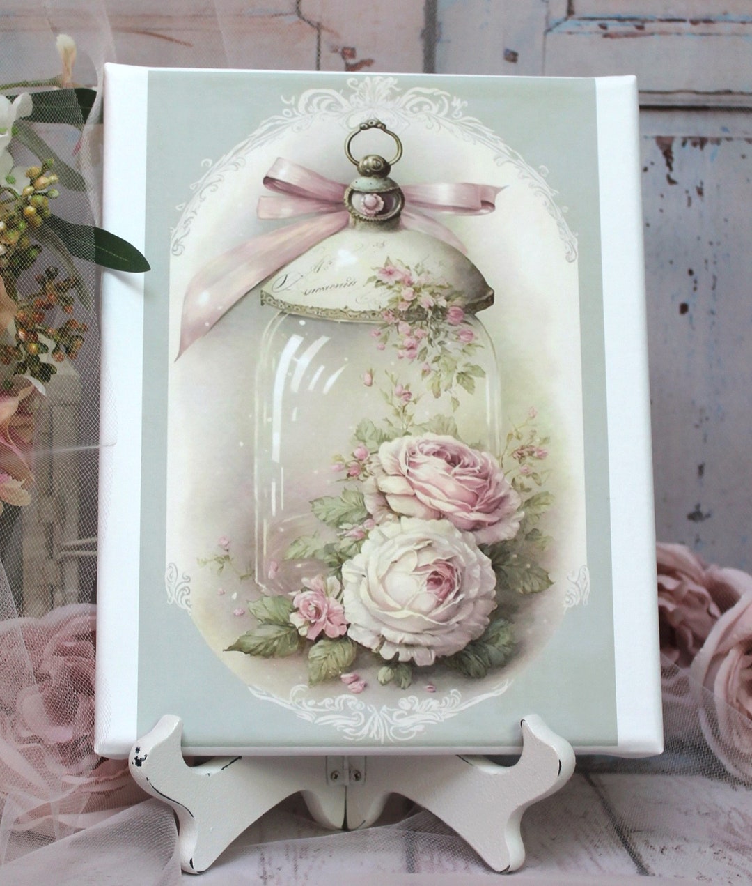 Shabby Chic Vintage Cottage Decor Pink Roses Mason Jar Sign: Artist ...