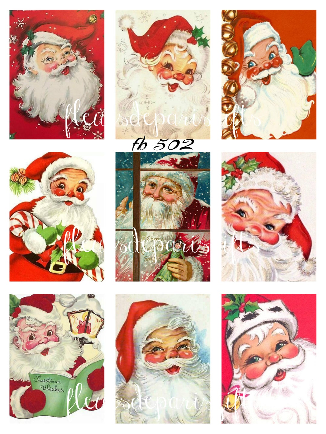 Vintage Retro 50's Christmas Joyful Santa 9 2 1/4 X 3 Images Printed on ...