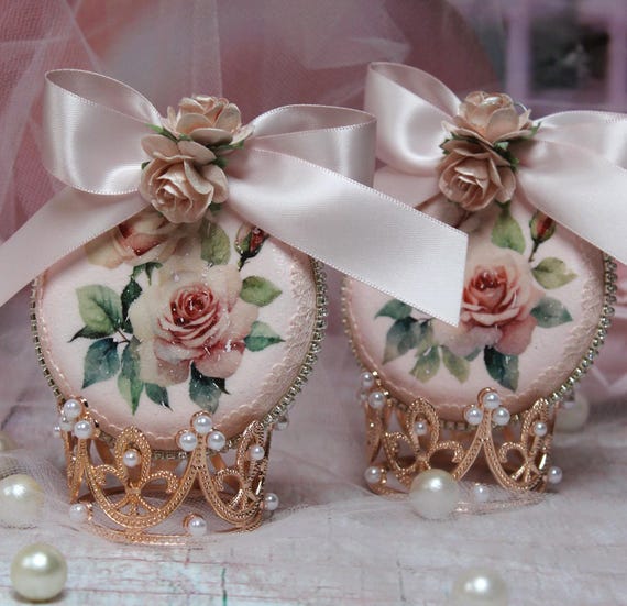 NEW! Shabby Chic Vintage Set of 2 - Christmas Tree Ornaments French Roses/French Decor. Gift for Her Vintage Lace Blush Pink