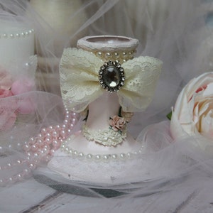Shabby Chic Glass Candle Holder: Blush Pink, Vintage Lace & Faux Pearl Decor