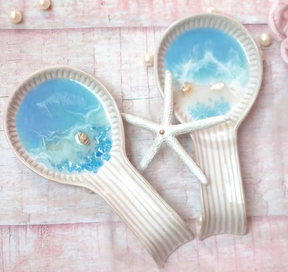 Porcelain & Epoxy Resin Spoon Rest, Ocean Spoon Rest, Resin Ocean Art, Unique Gift Idea, Coastal Ocean Decor, Ceramic Spoon Holder