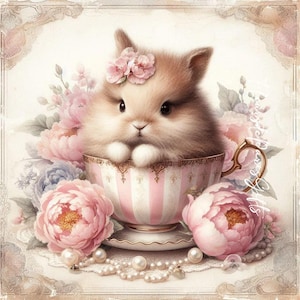 Decoupage Rice Paper, Shabby Chic Vintage Pink Easter Bunny Tea Cup Roses Decoupage Paper Decorative Image, Decoupage Designs, Paper Crafts