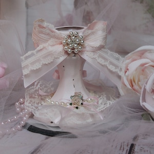 Shabby Chic Glass Candle Holder: Blush Pink, Vintage Lace & Faux Pearl Decor