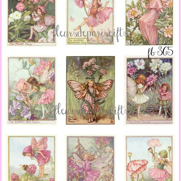 Vintage Flower Fairies Pink 9 - 2 1/4" x 3" (approx.) Images Printed on 1 - 8 1/2" x 11" Quilting Fabric fb 365 Sewing Crafting projects