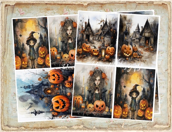 Decoupage Rice Paper Set of 2 - A4 Vintage Halloween Pumpkins Witch Castle Decoupage Paper Decorative Image Decoupage Designs Paper Crafts
