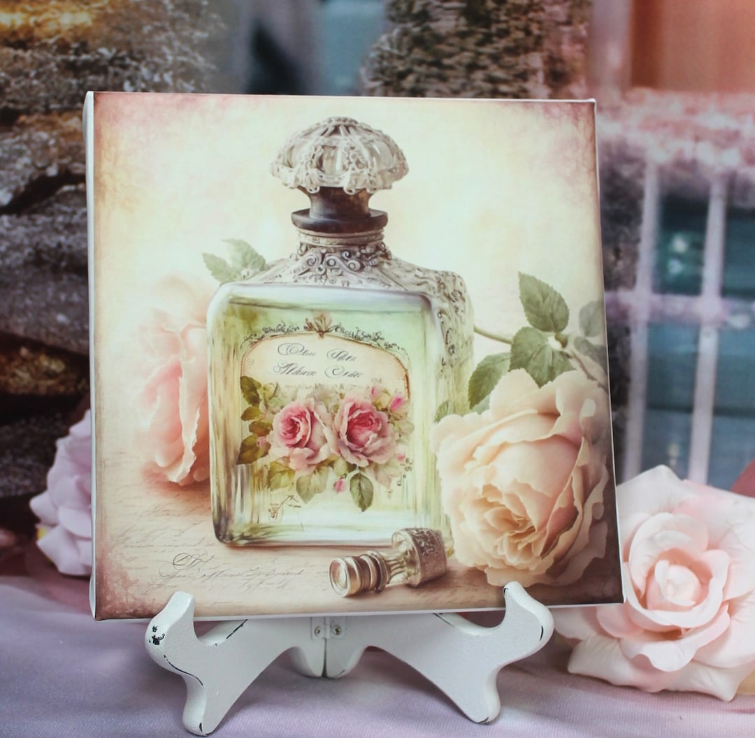 Shabby Chic Vintage Cottage Decor Sign Pink Roses Perfume Bottle Artist ...