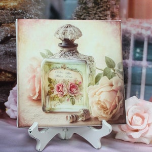 Shabby Chic Vintage Cottage Decor Sign Pink Roses Perfume Bottle Artist Wooden Canvas