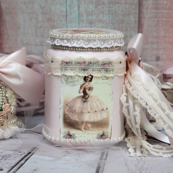 Shabby Chic Vintage Victorian Style French Country Paris Boudoir Decorative Mason Jar Cookie Jar w/Lid "Ballerina" Gift for Her/Centerpiece