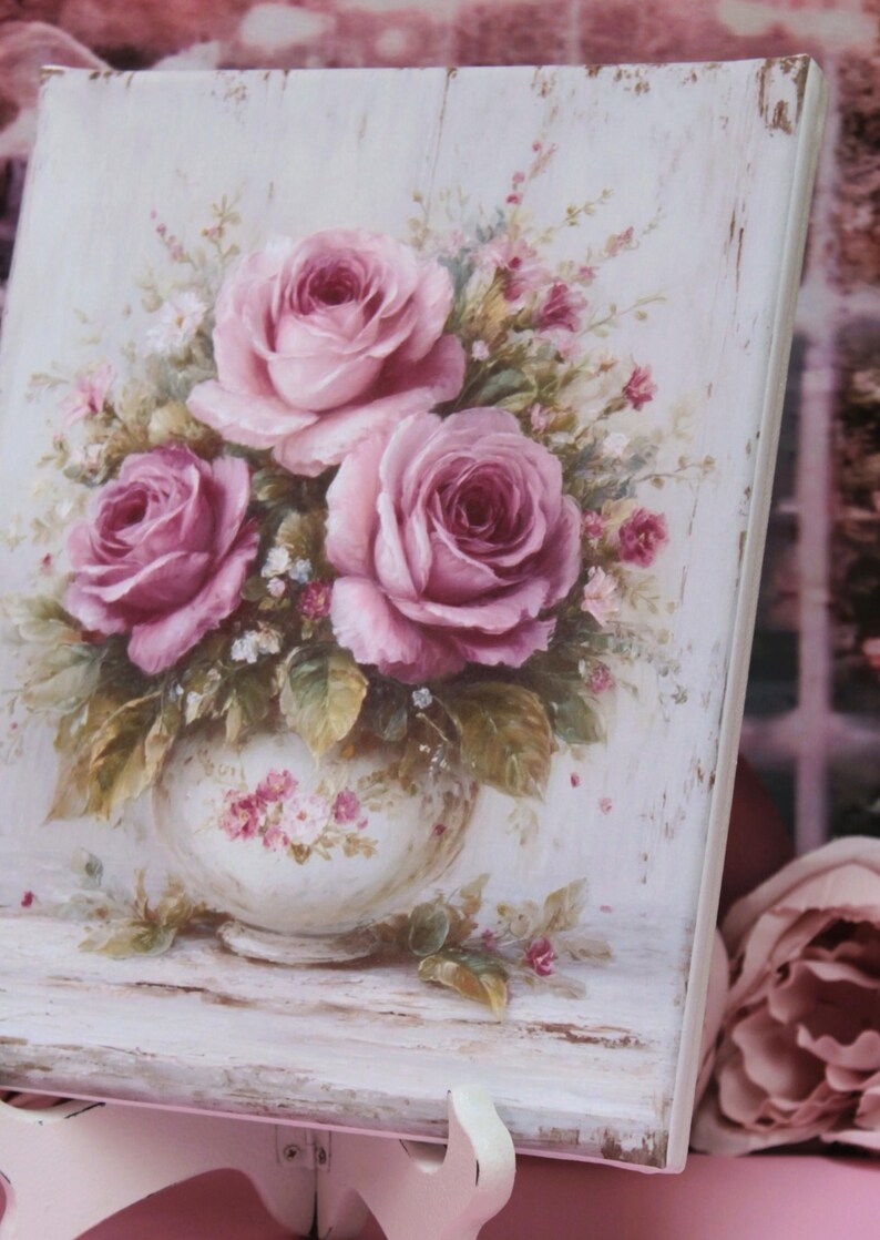 Shabby Chic Cottage Decor Sign Roses in a Vase Artist Wooden Canvas - Etsy