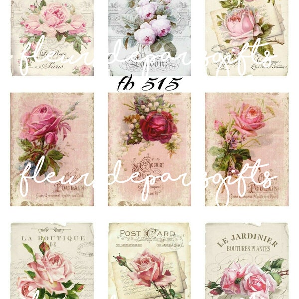 Shabby Chic Vintage French Paris Roses 9 - 2 1/4" x 3" (approx.) Images printed on 1 - 8 1/2" x 11' Quilting Fabric Block fb 515
