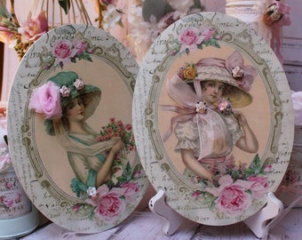 Shabby Chic Vintage French Country Cottage Style Wall/Table Decor. Sign "Victorian Summer Ladies..." Set of Two