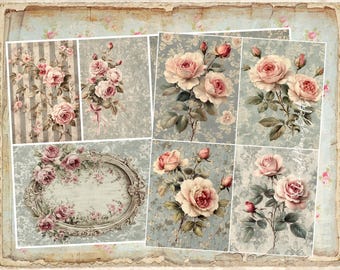 May include: A collage of vintage-style floral prints featuring pink roses. The prints include striped backgrounds, bouquets, and a decorative oval frame, all with a distressed, aged aesthetic.