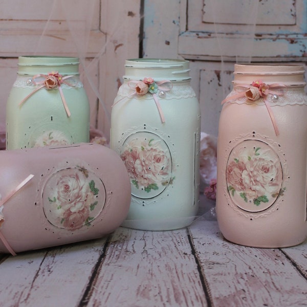 Shabby Chic Vintage Victorian French Style Farmhouse Painted Decoupage Mason Jar Gift for Her Mother's Day/Valentine's Day/Centerpiece