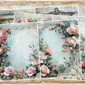 NOUVEAU ! Papier de riz pour découpage, cadre A4 shabby chic vintage roses victoriennes, cadres en papier pour découpage décoratif, créations pour découpages, créations manuelles en papier