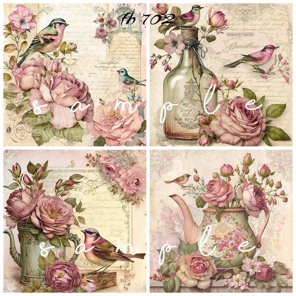 Shabby Chic Vintage Birds and Roses 4 - 3 1/4" x 3 1/4" (approx.) Images Printed on 1 - 8 1/2" x 11" Quilting Fabric Block fb 702