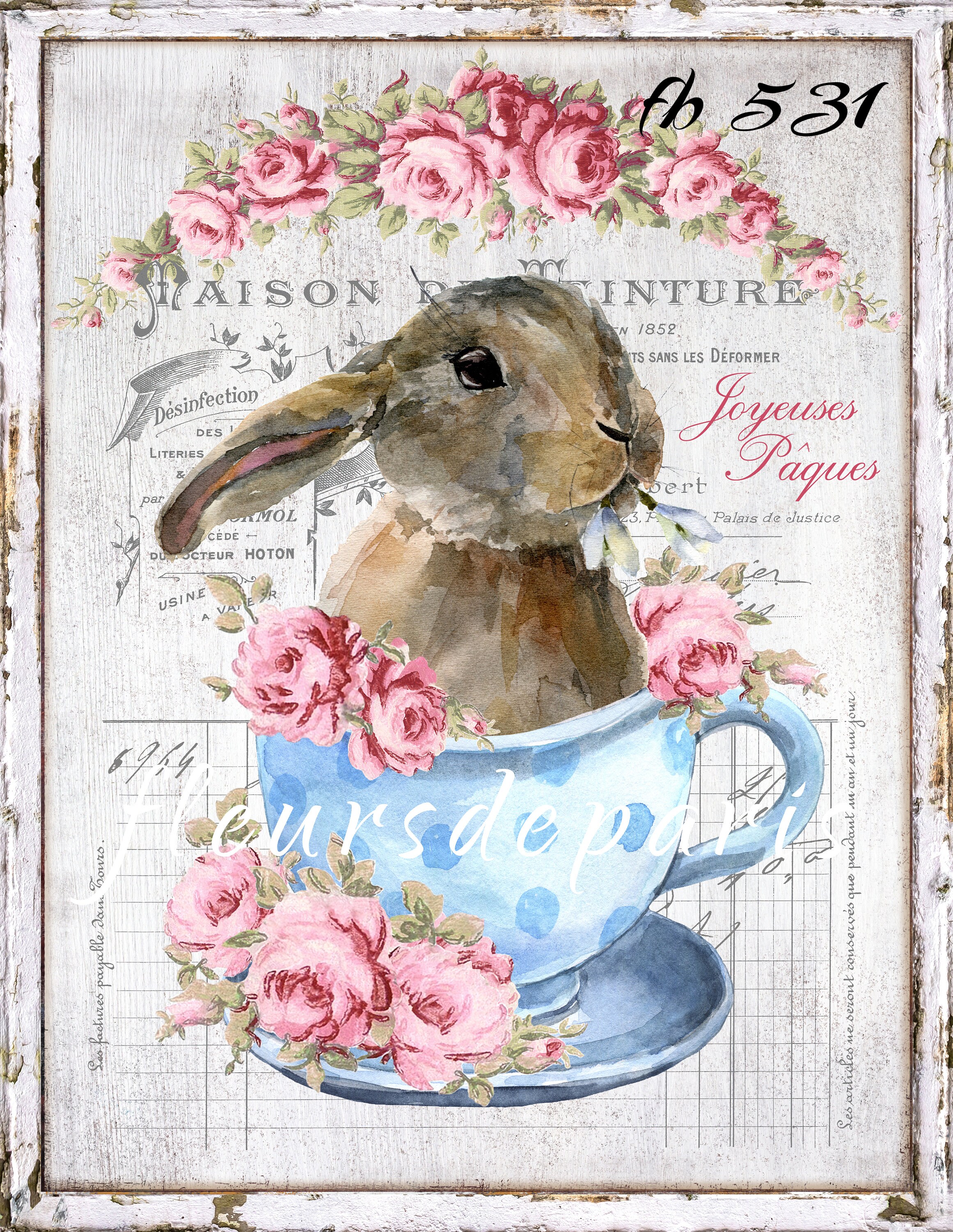 Shabby Chic Vintage Sweet Easter Bunny Tea Cup Roses 1 Print on Fabric Block great for Quilting Sewing Crafting projects fb 531