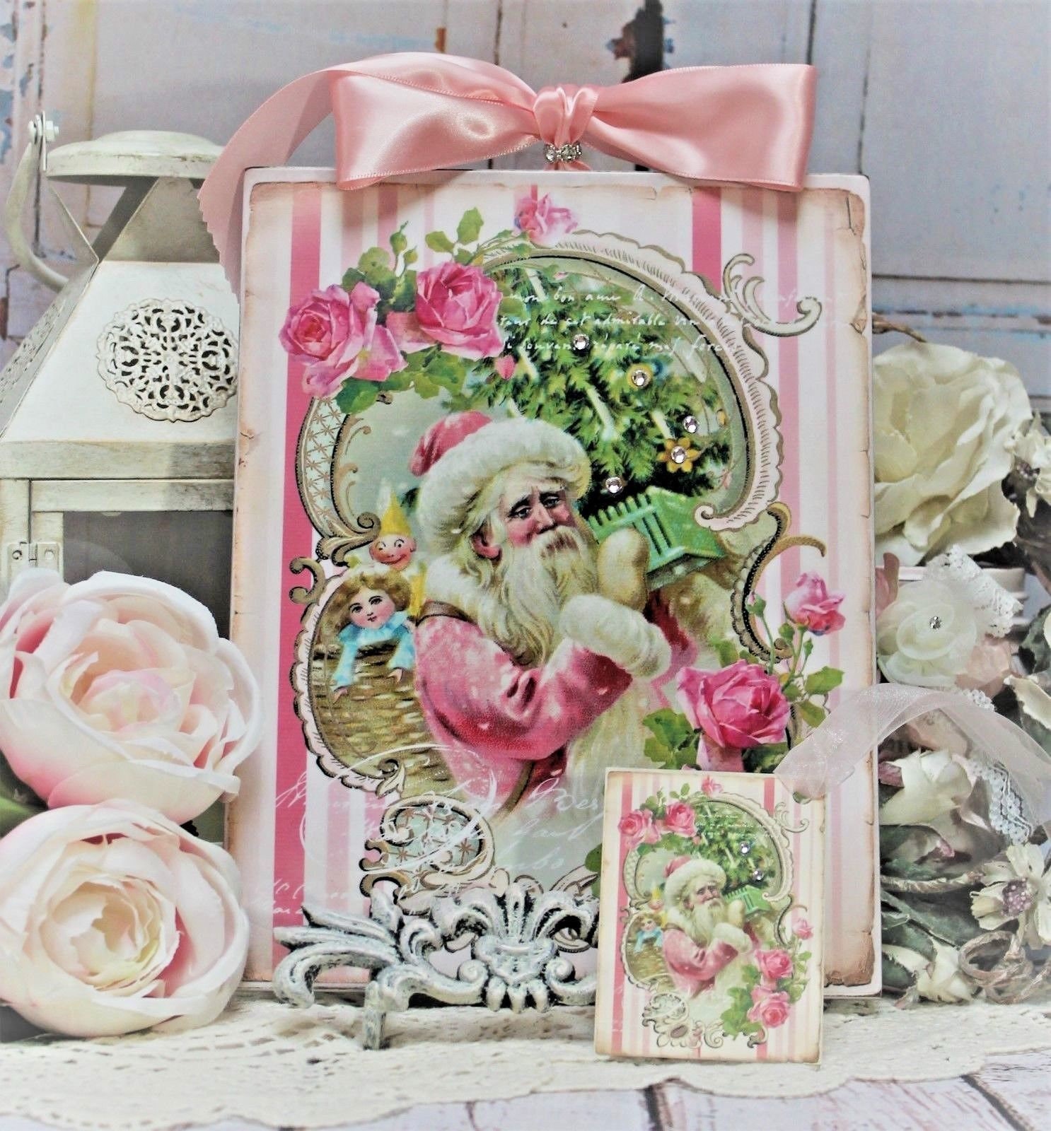 Shabby Chic Vintage French Country Cottage Style Wall/Table/Wreath Decor Sign &quot;Pink Santa/Roses/Toys&quot;
