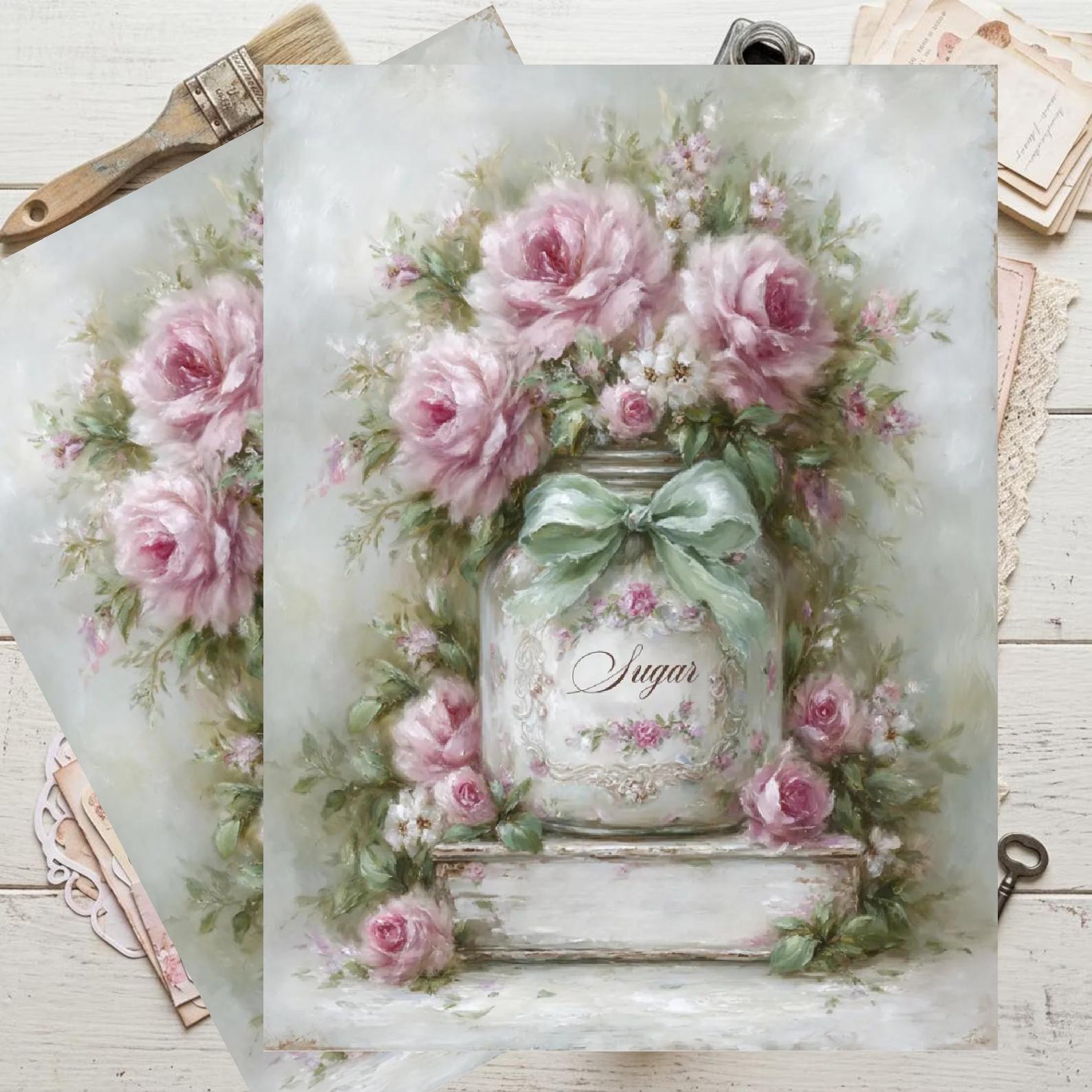 Shabby Chic Glass Mason Jar Pink Roses A4 Size Rice Paper for Decoupage ...