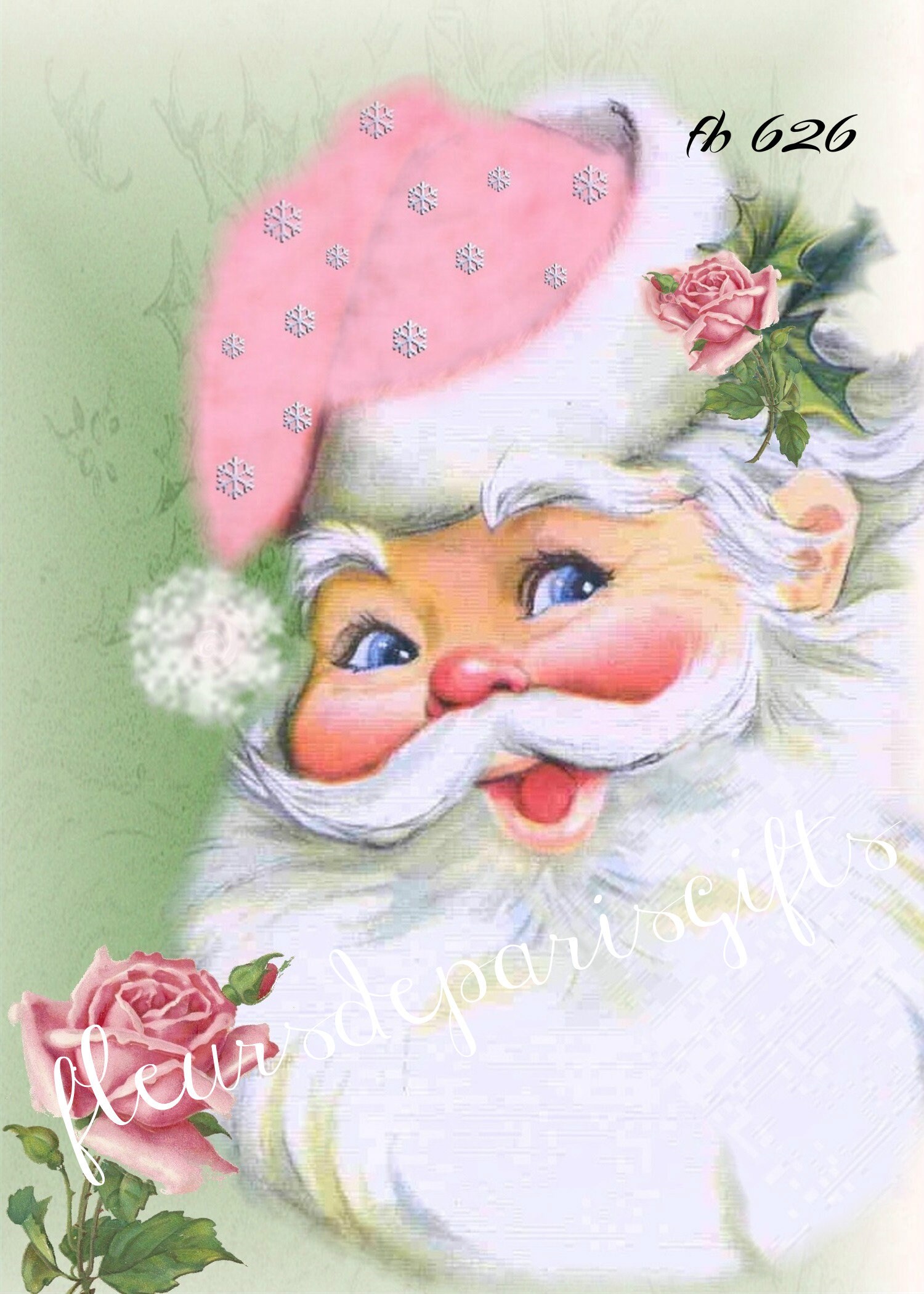 Shabby Chic Vintage Christmas Jolly Pink Santa 1 Print on 1 Quilting Fabric Block Sewing, Crafting projects fb 626