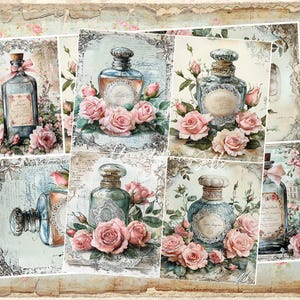 NOUVEAU ! Lot de 2 papiers de riz pour découpage - Flacons de parfum vintage A4 shabby chic vintage Papier pour découpage décoratif, images pour découpage, créations artisanales en papier