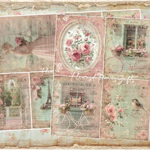 Lot de 2 papiers de riz pour découpage - A4 shabby chic vintage Château pastel Paris Papier pour découpage décoratif, images pour découpage, créations artisanales en papier
