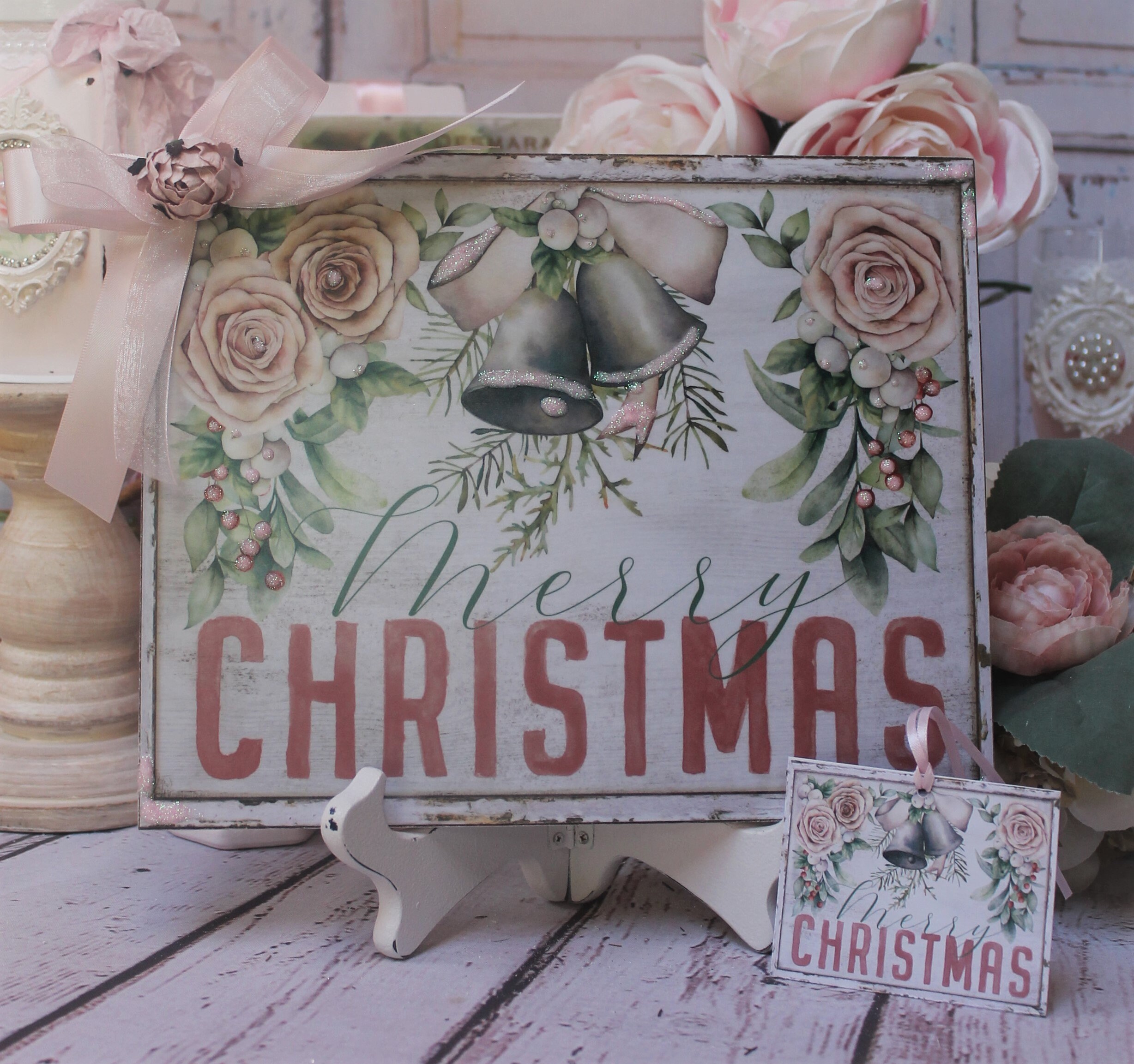 Shabby Chic Vintage French Country Farmhouse Christmas Wall/Table/Wreath  Decor. Sign &quot;MERRY CHRISTMAS&quot; Lace/Glitter