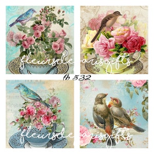 Shabby Chic Vintage Birds and Roses Teacups 4 - 3 1/4" x 3 1/4" (approx.) Images Printed on 1 - 8 1/2" x 11" Quilting Fabric block 532