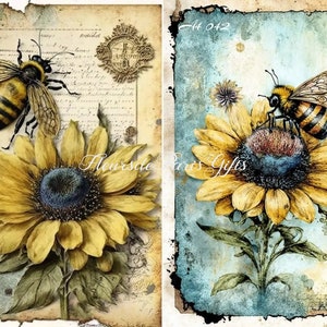 Papier de riz pour découpage, Papier de découpage tournesols et abeilles vintage A4 042, Image décorative, Modèles de découpage, Créations créatives en papier