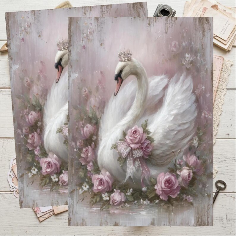 Pink Swan Rice Paper Shabby Chic Swan With Crown Pink Roses Rice Paper for Decoupage A4 Size ...
