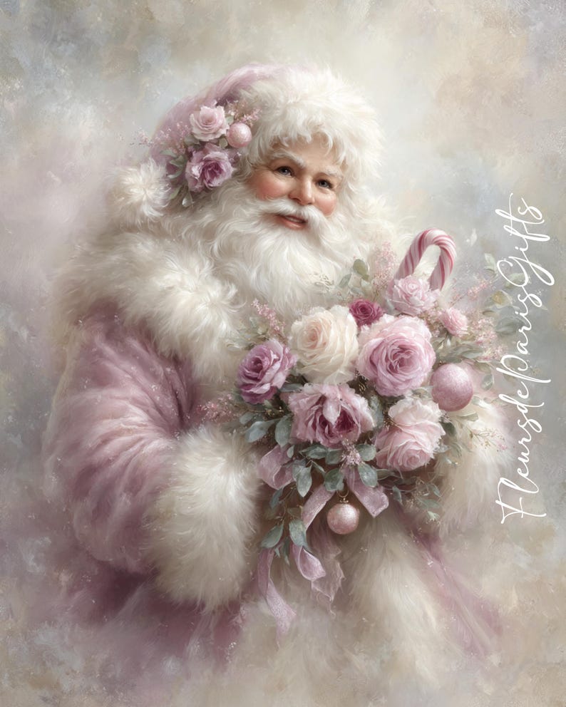 Santa With Roses Shabby Chic Pink Christmas Santa Roses A4 Size Rice Paper for Decoupage ...