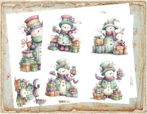 Decoupage Rice Paper Set of 2 - A4 Vintage Christmas Blue Snowman Decoupage Paper Decorative Image Decoupage Designs Paper Crafts