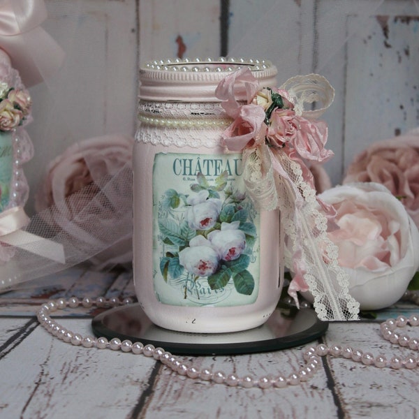 Shabby Chic Vintage Inspired Decorative Mason Jar w/Lid "Chateau Paris" ~ Blush Pink French Label/Vintage Lace/Faux Pearls