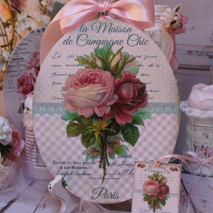Shabby Chic Vintage French Country Cottage style Wall/Table Decor Sign &quot;Pink & Yellow Summer Roses&quot;