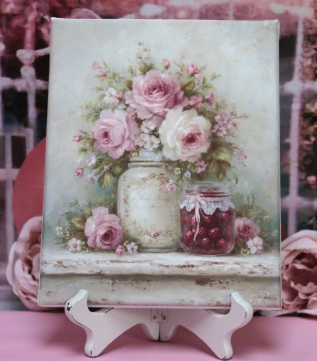 Shabby Chic Cottage Decor Sign Roses and Cherries Artist Wooden Canvas ...