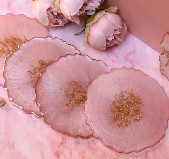 Shabby Chic Blush Pink Pearl & Gold Leaf Geode Resin Coaster Set – Handmade Epoxy Drink Coaster – Luxury Table Decor Gift Housewarming Gift