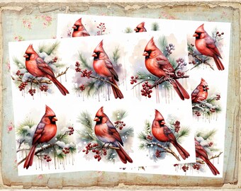 Vintage Christmas Cardinal Decoupage Rice Paper - A4 Size Set of 2
