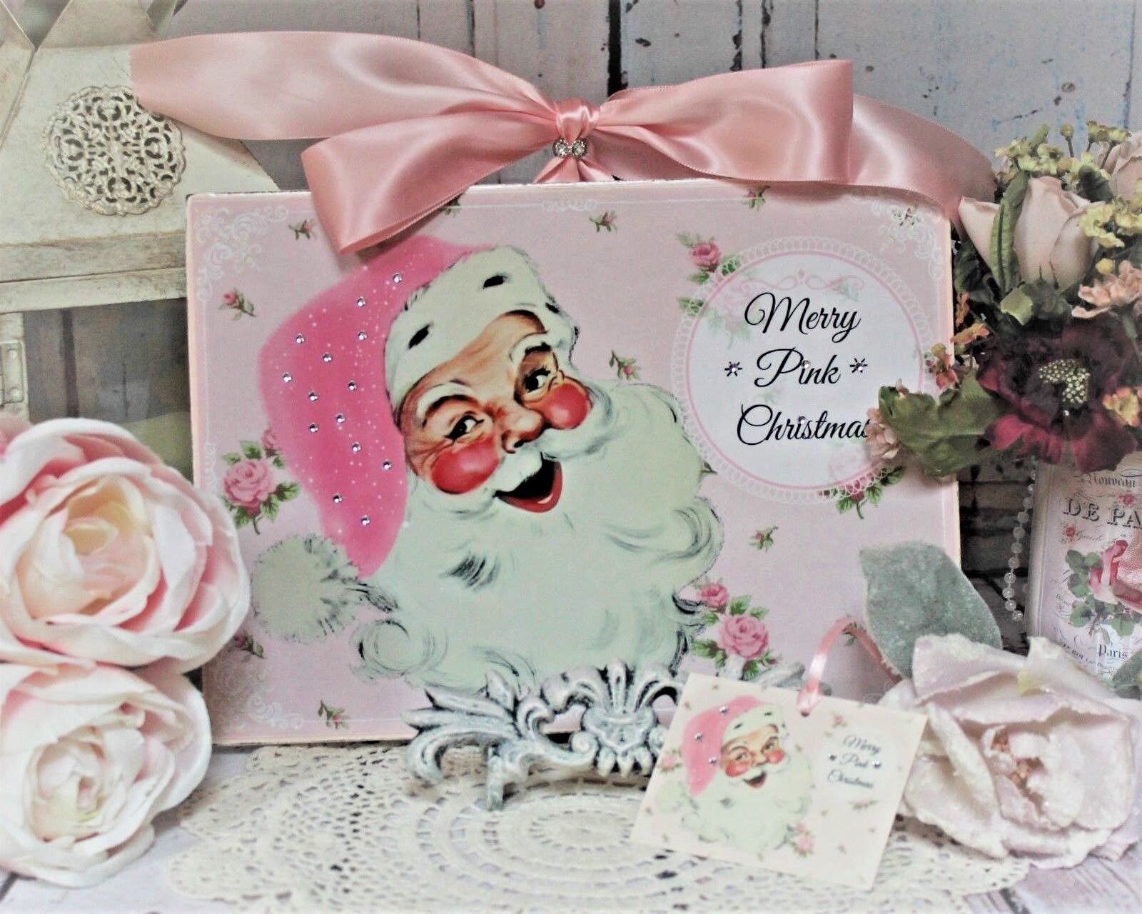 Shabby Chic Vintage Polka Dot style Wall/Table Decor. Sign &quot;Merry Pink Christmas...&quot;