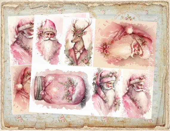 NEW! Decoupage Rice Paper, Set of 2 - A4 Shabby Chic Pink Christmas Santa Decoupage Paper Decorative Image, Decoupage Designs, Paper Crafts