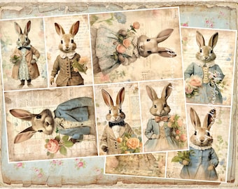 May include: A collage of vintage-style illustrations featuring anthropomorphic rabbits in antique clothing. The rabbits are depicted in various poses, some holding flowers, set against a backdrop of aged paper and floral patterns.