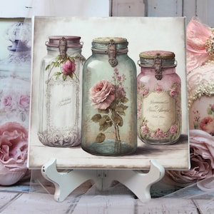 Shabby Chic Vintage Country Cottage Style Wall/Table Decor Sign &quot;Pink Glass Jars French Roses&quot; Wooden Canvas/Cotton Fabric Print