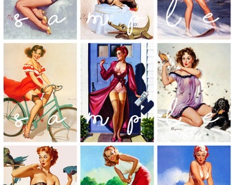 Vintage Retro 50's Pin up Girls 9 - 2 1/4" x 3" Images printed on 1 - 8 1/2" x 11" Fabric Block Quilting Sewing Crafting projects fb 47.