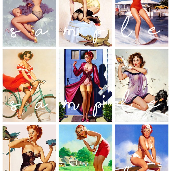 Vintage Retro 50's Pin up Girls 9 - 2 1/4" x 3" Images printed on 1 - 8 1/2" x 11" Fabric Block Quilting Sewing Crafting projects fb 47.