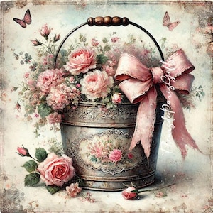 Papier de riz pour découpage, seau en métal rose vintage shabby chic avec fleurs, image décorative en papier pour découpage, décorations pour découpage, créations artisanales en papier