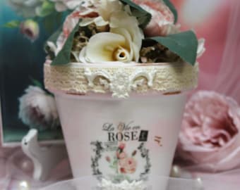 Shabby Chic Ceramic Flower Pot: French Rose Label, Vintage Lace Decor
