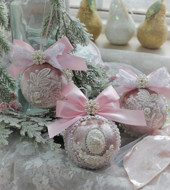 Shabby Chic Vintage Large Christmas Ballerina Ornament Christmas Tree Bauble Gift for Her Blush Pink Vintage LaceFaux Pearl Dots Set of 2