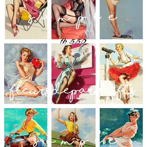 Vintage Retro 50's Pin up Ladies 9 - 2 1/4" x 3" Images Printed on 1 - 8 1/2" x 11" Quilting Fabric Block Sewing Crafting projects fb 550