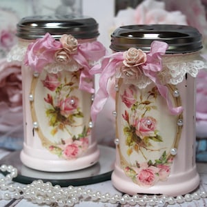 Shabby Chic Vintage French Style Kitchen Sugar Dispenser Sugar Parmesan Cheese Cinnamon Shaker Set of Two Pink Roses 12 Oz Jar Blush Pink